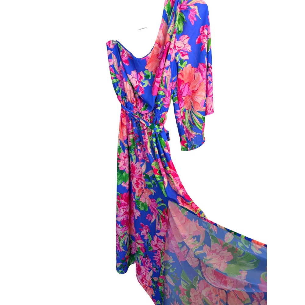 Fashion Nova One Shoulder Maxi Dress Blue Pink Floral Kimono Sleeve Tropical L - Picture 4 of 6